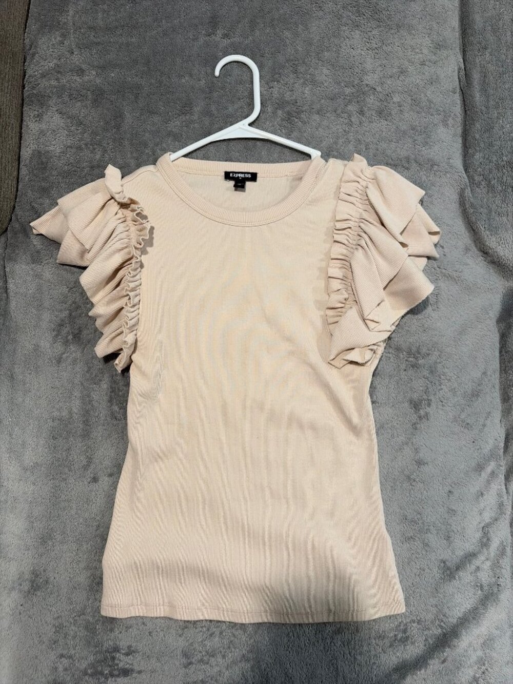 Express Cream Ribbed Ruffle Flutter Sleeve Tee XS - Picture 2 of 2